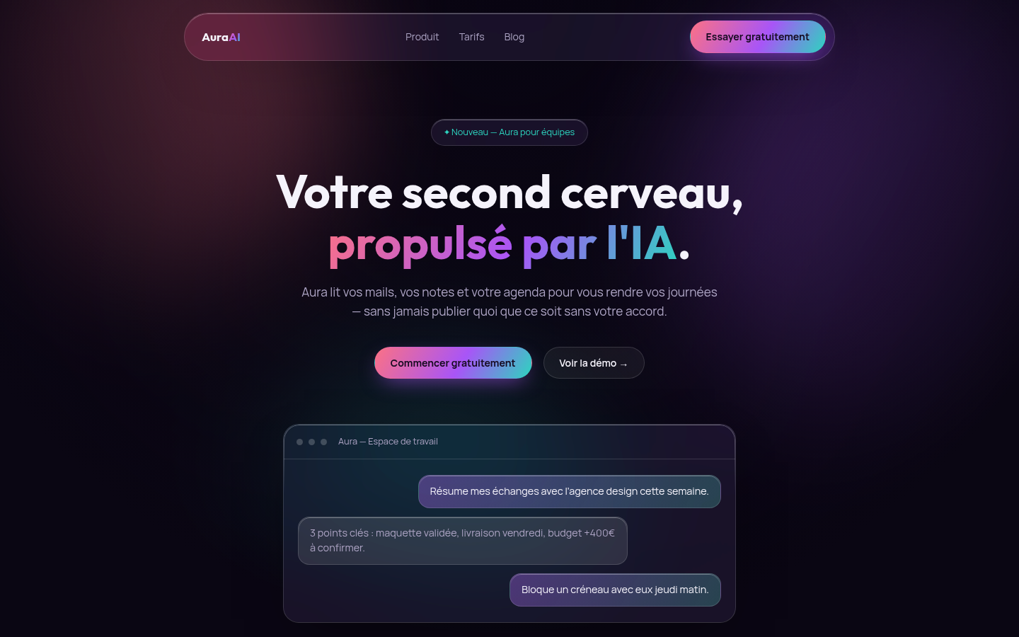 Aperçu de Aura AI, style Glassmorphism / Dark Mode