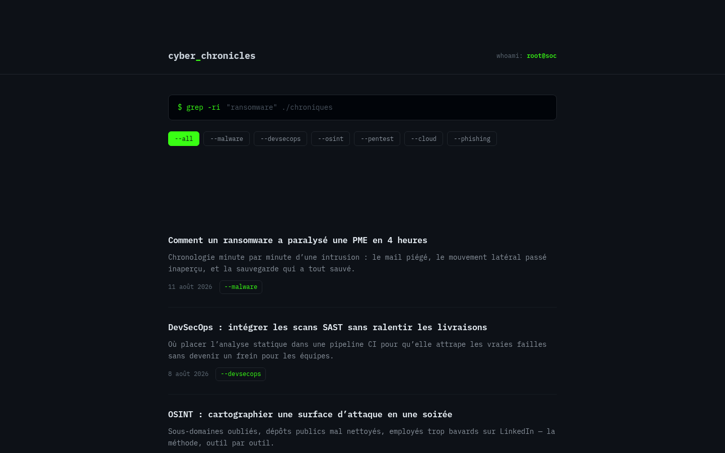 Aperçu de CyberChronicles, style Dark Mode Minimalist / Terminal