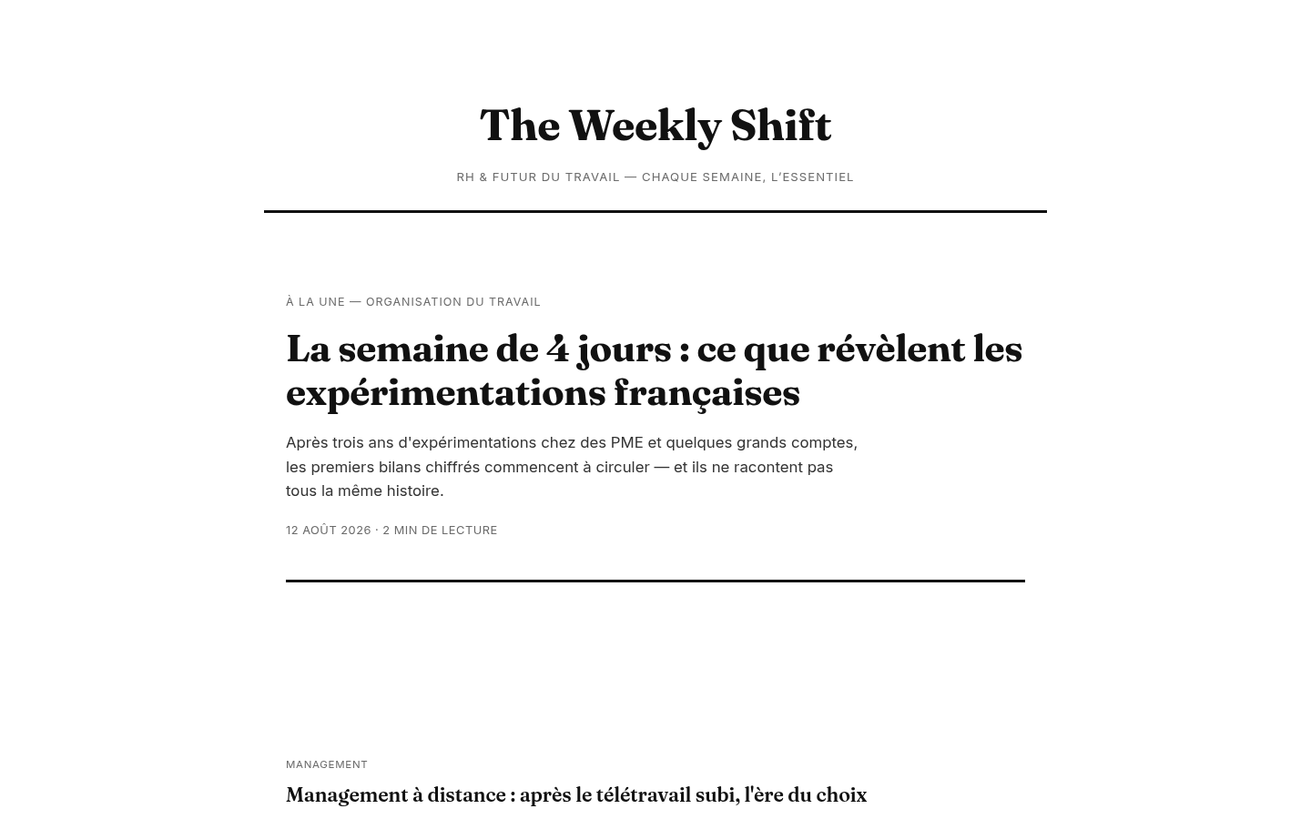 Aperçu de The Weekly Shift, style Éditorial Noir & Blanc